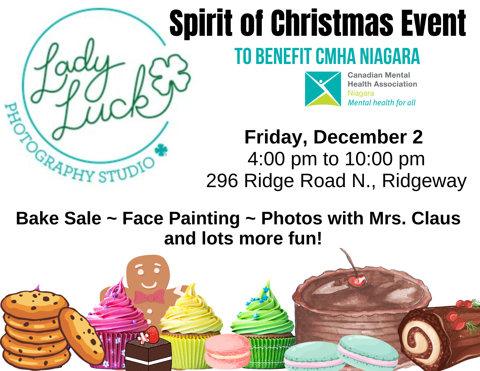 Lady Luck Photo logo and photo of baked goods in ad promoting Spirit of Christmas event on Dec. 2 at 296 Ridge Rd