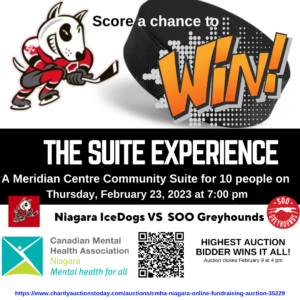 Flyer with information about silent auction to win a community suite to Niagara Ice Dogs game for CMHA flyer. Photo of a puck and IceDogs mascot, along with CMHA Niagara logo