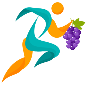 run for the grapes logo, running person with grapes in hand