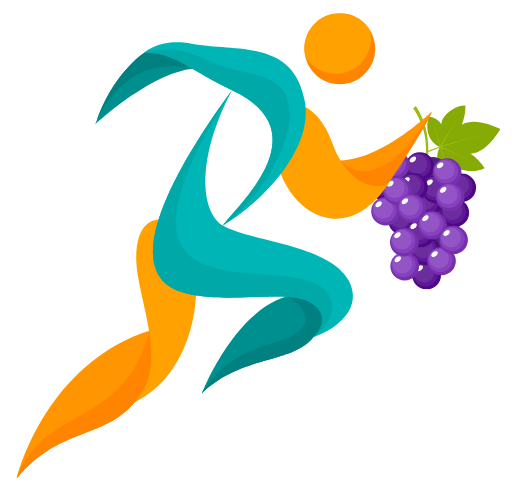 run for the grapes logo, running person with grapes in hand